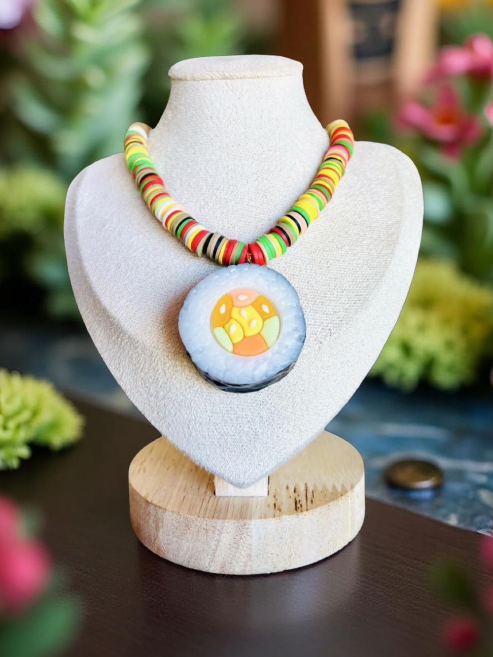 One-of-a-kind Sushi 🍣 Handcrafted Multicolor Beaded Necklace with Orange Pendant